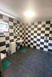 a bathroom with black and white checkered wall at Bed and breakfast Slezská Siesta in Chlebičov