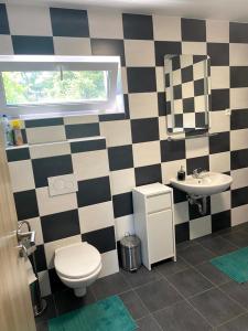 a bathroom with a black and white checkered wall at Bed and breakfast Slezská Siesta in Chlebičov