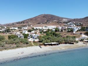 an aerial view of a beach with a town at Porto Apergis in Agios Ioannis Tinos