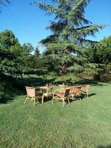 un grupo de sillas y una mesa en el césped en Villa Poggio al Sole Bio Agriturismo private pool, en San Rocco a Pilli