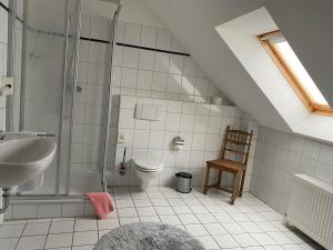 a bathroom with a shower and a toilet and a sink at Hotel-Pension Teutonia in Braunlage +122 photos
