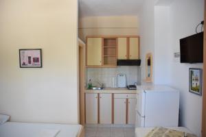 a small kitchen with a white refrigerator and cabinets at Porto Apergis in Agios Ioannis Tinos