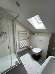 a bathroom with a shower and a toilet and a skylight at Appartements Alpenblick in Finkenberg