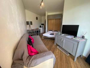 - un salon avec un canapé et une télévision dans l'établissement Appartement n 216 Moriani plage, à Santa-Lucia-di-Moriani