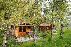 a small wooden cabin in a field with trees at Wijndomein de Vier Ambachten -overnachten in de wijngaard in Simonshaven