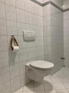 a bathroom with a toilet and a roll of toilet paper at Appartement Lilienthal in Klagenfurt