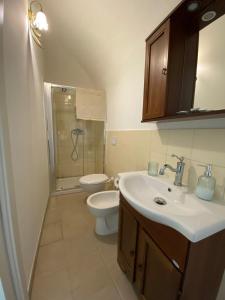 een badkamer met een wastafel, een toilet en een douche bij Dimora di nonno Livio in Santo Stefano di Sessanio