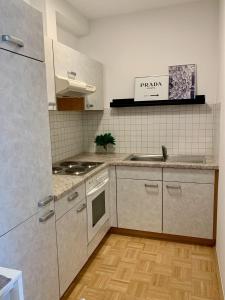 a kitchen with a sink and a stove top oven at Appartement Lilienthal in Klagenfurt