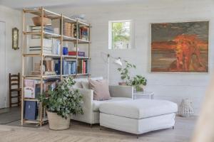 a living room with a couch and a book shelf at 4 Bedroom Archipelago Retreat in Tranholmen