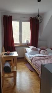 um quarto com uma cama e uma janela em Dom nad potokiem - pokoje całoroczne em Wolkowyja