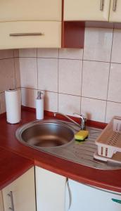 a kitchen counter with a sink and a dish rack at Nadmorski apartament Sunset w Stegnie - Mierzeja Wiślana in Stegna