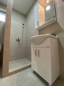 科托尔Apartment Lorena的带水槽和淋浴的白色浴室