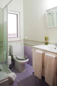 a white bathroom with a toilet and a sink at Arrifana Guest House in Aljezur