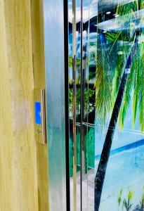 een open deur met een weerspiegeling van een palmboom in een raam bij Nevenka in Bar