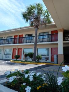 un edificio con una palmera delante de él en Hole Inn the Wall Hotel - Fort Walton Beach - Sunset Plaza - near Beaches & Hurlburt, en Fort Walton Beach