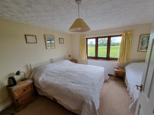 a bedroom with two beds and a window at Burnt House Farm in Highbridge