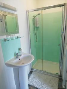 une salle de bain avec un lavabo et une douche dans l'établissement Railway Cottage, à Swanage