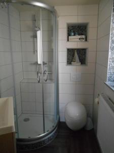 y baño con ducha y aseo. en Ferienwohnung-Pension Werrablick, en Witzenhausen