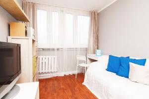 a bedroom with a bed and a tv and a window at Blue River - Jelenia in Wrocław