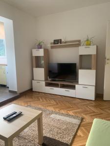 ein Wohnzimmer mit einem großen weißen Unterhaltungszentrum in der Unterkunft apartman Fuerte 2 in Belgrad