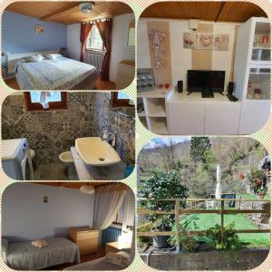 a collage of four pictures of a room at Coccinella House in Calasca Castiglione