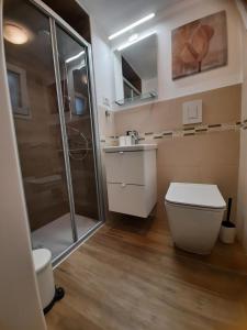 a bathroom with a shower and a toilet and a sink at Zia Nennè Holiday Rooms in Monopoli +11 photos