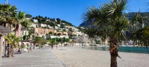 a beach in positano with palm trees and buildings at Sharon Apartment in Victoria Beach in Menton