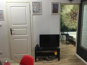 un salon avec une porte et une télévision dans l'établissement Apartament Pod Wroną, à Toruń
