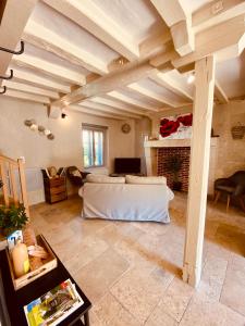 a living room with a couch and a fireplace at Le Lavoir aux Roses by Gîtes Sud Touraine in Chédigny