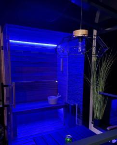 a blue light in a room with a plant at Relax Sauna Apartman privát finn szaunával in Keszthely