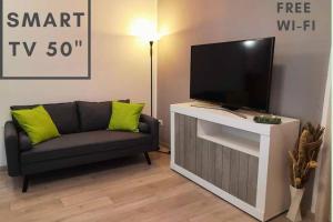 Marco's apartment -ideale per Venezia- في ميستر: غرفة معيشة مع أريكة وتلفزيون بشاشة مسطحة