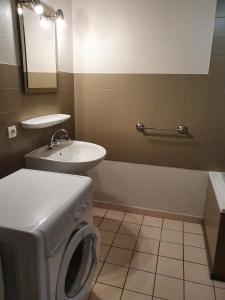 La salle de bains est pourvue d'un lave-linge et d'un lavabo. dans l'établissement Gîte du Moulin, à Les Planches-près-Arbois