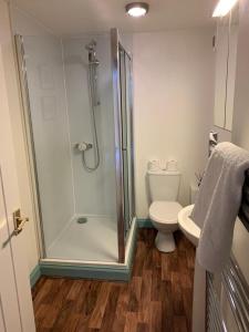 a bathroom with a shower and a toilet at The Snug, a great flat in the heart of Peebles. in Peebles