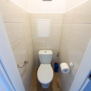 een kleine badkamer met een toilet en een rol toiletpapier bij Apartament Kurka in Hajnówka