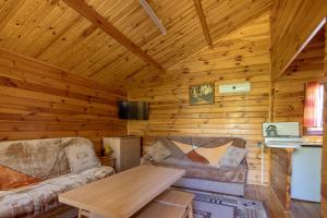 uma cabina de madeira sala de estar com tecto de madeira em Domki Nad Potokiem em Polańczyk