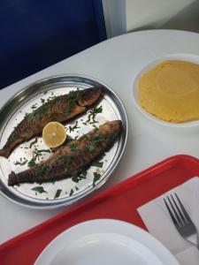 a plate of food with fish on a table at Camping Danubius Tulcea in Tulcea
