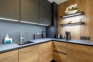 a kitchen with wooden cabinets and a sink at Cannes CROISETTE, Palais des Festivals, Beaches, Apart Residence Le MINERVE in Cannes