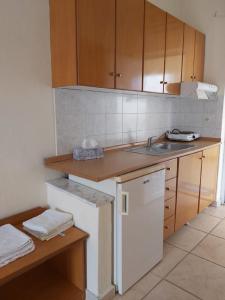 a kitchen with a sink and a white refrigerator at Rodica Studios in Kallithea Halkidikis