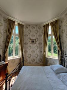 a bedroom with a large bed and two windows at Château de Vallagon in Bourré