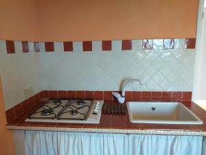a kitchen counter with a stove and a sink at la punta dei crociati in Parodi Ligure +10 photos