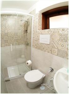 ein Bad mit einer Dusche, einem WC und einem Waschbecken in der Unterkunft Beb Alla Marina Tortora in Tortora