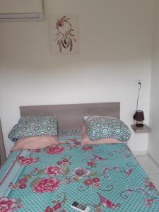 uma cama com um edredão verde e 2 almofadas em Divima em Sainte-Anne