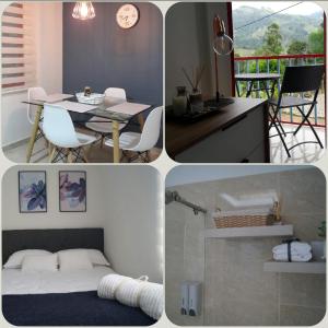 un collage de cuatro fotos de una cocina y un dormitorio en CASA BONITA SALENTO - Suite para parejas o Alojamiento en Grupos, en Salento