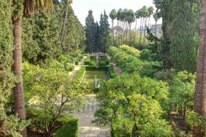 una vista aérea de un jardín con árboles y un estanque en Apartamento Sevilla Alhondiga en Sevilla
