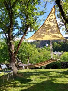 a hammock hanging from a tree in a yard at Casa Petri Rosia Montana in Roşia Montană