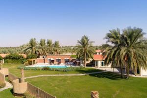 una casa con un patio con piscina y palmeras en مزرعة ومنتجع (منتجع غضي), en Aḑ Ḑalfa‘ah