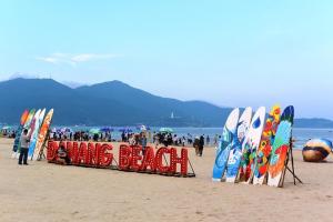 a group of surfboards are lined up on the beach at The Shine Hotel & Apartment in Da Nang
