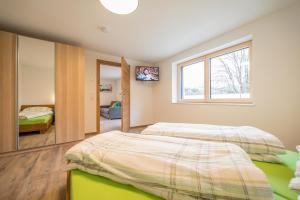 een slaapkamer met 2 bedden en een spiegel bij Haus Gentli in Schruns