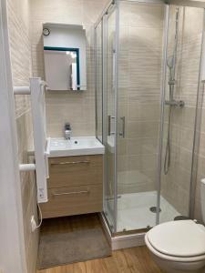 a bathroom with a shower and a toilet and a sink at Appartement Les Amethystes 1 in Le Mont-Dore