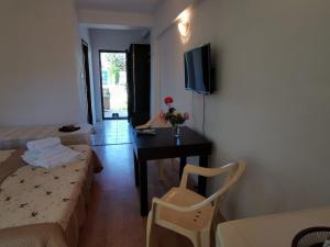 a living room with a couch and a table and a tv at Vila Alphecca in Costinesti